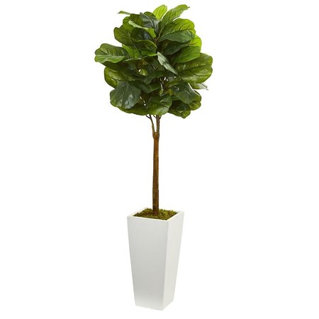 NEARLY NATURALS 4 ft. Fiddle Leaf Artificial Tree in White Tower Planter Silk Trees NEN-5873-IFS